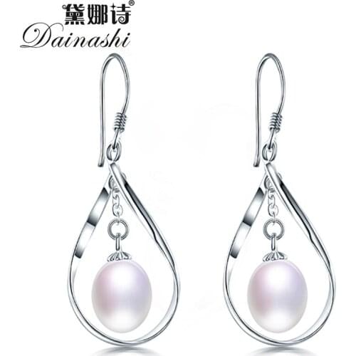 Dainashi High Quality 925 Sterling Silver Water-drop Earrings 100% Genuine Natural Freshwater Oval Pearl Earrings for Women