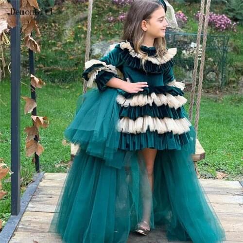 Ball Gown Kids Puffy Party Dresses Tiered Velvet Top Kid Princess Long Sleeves High Low Girl Wedding Party Dress 2021