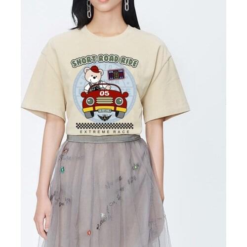 Womens Printed Lovely Bear Poster T Shirts Short Road Ride Summer Short Sleeve Cotton T-shirt Cool Tees Tops Streetwear