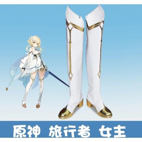 Game Genshin Impact Traveler Lumine Cosplay Shoes Boots Wig Hair Accessories Halloween Party Role