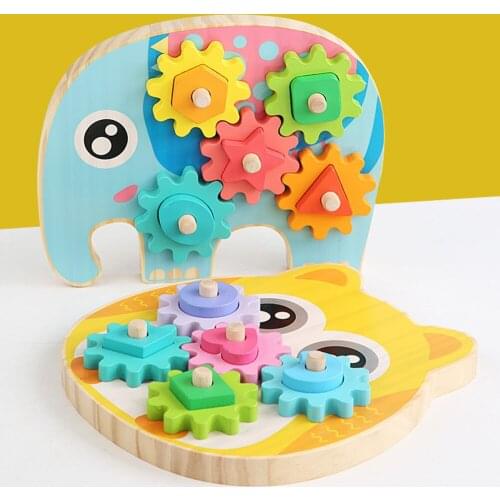 Intelligent Animal Elephant Owl Gear Block Children Education Assembly Hand-Eye Coordination Puzzle WoodColor Cognition Toy