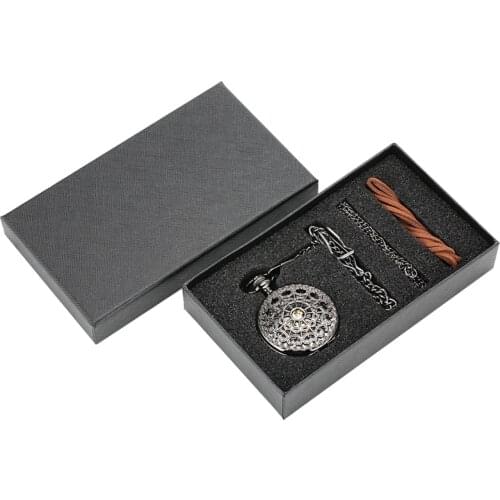 Top Luxury Gifts Sets Retro Web Hollow Design Skeleton Black Mechanical Hand Winding Pocket Watch Chain Necklace Pendant Box Set