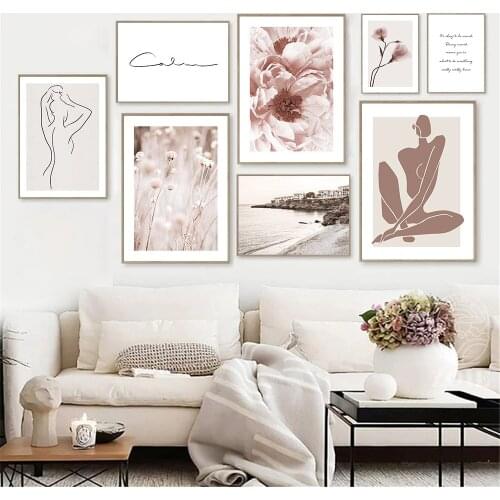 Calm Beach Landscape Painting Flower Canvas Print Female Abstract Line Drawing Poster Nordic Wall Art Pictures Living Room Decor
