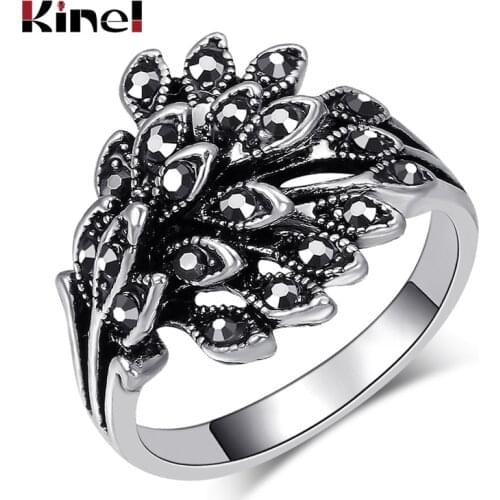Kinel Wholesale Hot Vintage Jewelry Wedding Rings For Women Tibetan Silver Mosaic Black Crystal Anillo Gift Accessories