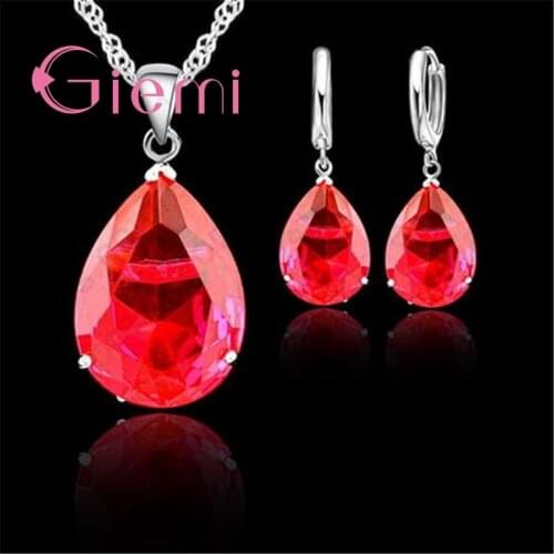 Luxury Drop Shape Large Red Crystal Stone Necklace Earrings 925 Sterling Silver and CZ Wedding Ceremony Jewellery Set