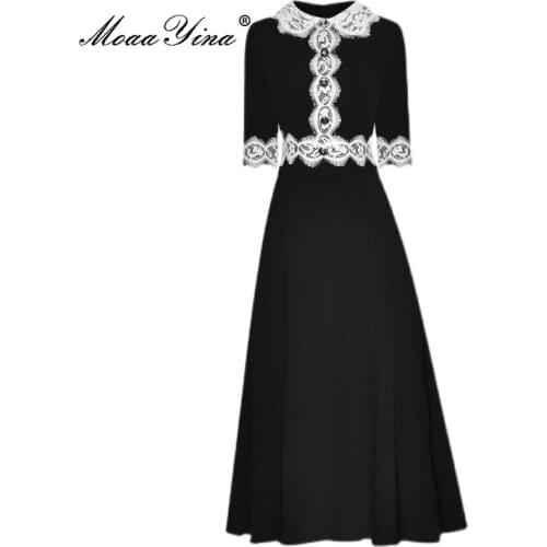 MoaaYina Fashion Designer Summer Black Dress Women Lace Peter pan Collar Splicing High waist Slim Elegant Party Midi Dress