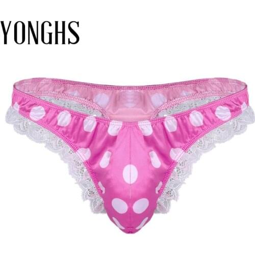 Mens Lingerie Bikini Underwear Shiny Low Rise High Cut Ruffle Lace Sex Costume Polka Dots Bikini G-string Thong Gay Underwear