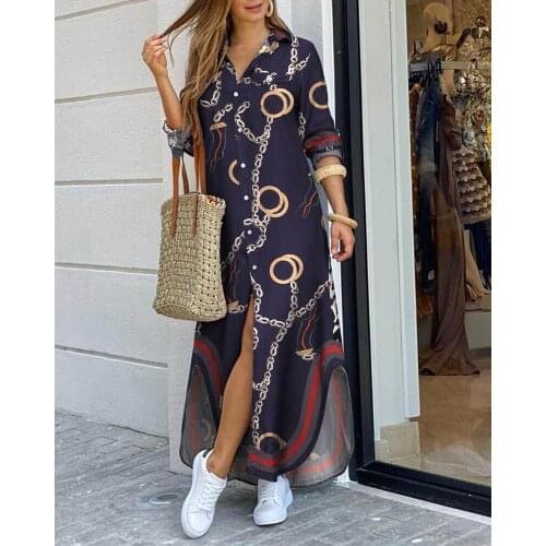2020 New Women Fashionable Shirt-style Button Dress Commuter Print Dress Ladies Casual Long Street Dress Large Size Loose Home