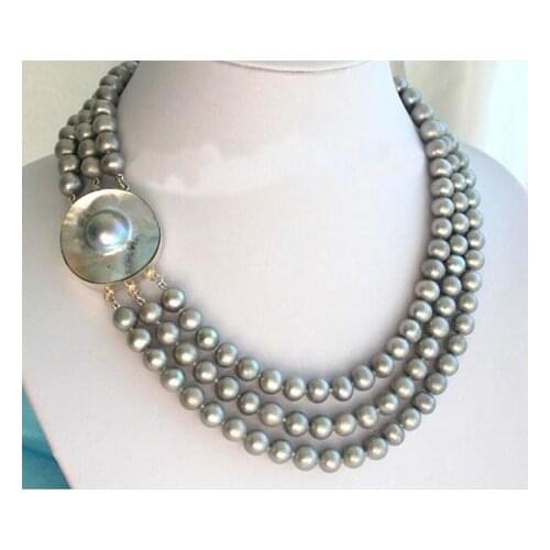 New Arriver Pearl Necklace,Super 3 Rows 9-10mm Gray Color Freshwater Cultured Pearl Jewellery,Mabe Clasp,Free Shipping