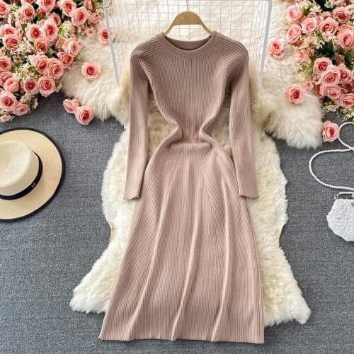Sweater Dress for Women 2021 New Solid O-neck Long Sleeve Knitted Dress Fashion Autumn Winter Slim Waist A-line Midi Basic Dress
