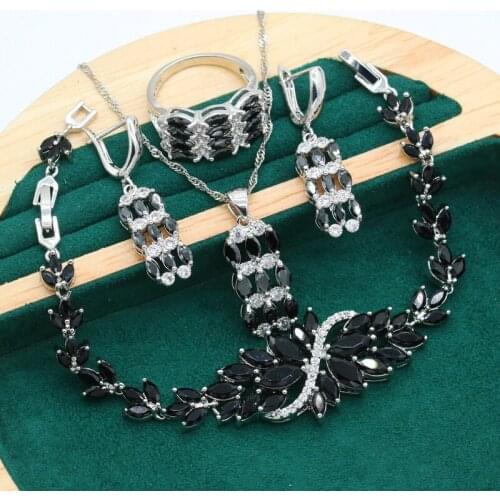 Luxurious Silver Color Wedding Jewelry Set for Women Black Zircon Bracelet Earrings Necklace Pendant Ring Christmas Gift Dubai