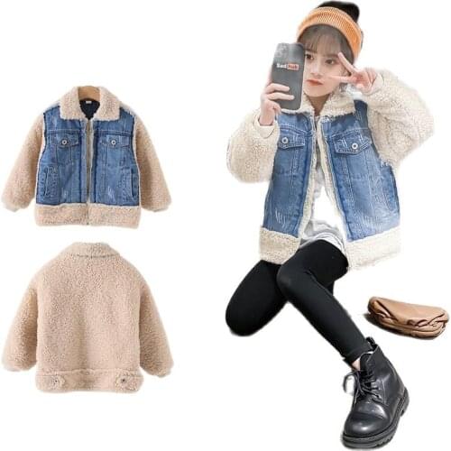 Teenage Girls Chic Patchowrk Lambswool Denim Jacket Children Lapel Long Sleeve Casual Warm Coat Winter Fashion Kid Outerwear Top