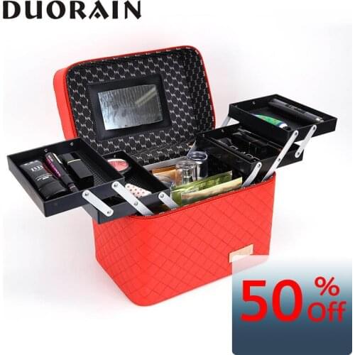 Four open embroidered plaid makeup box hand-held jewelry box makeup bag large multifunctional cosmetics receiving box