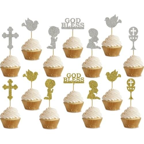 2 set Kids Prayer God Bless Pigeon Cross Cupcake Topper For Kids Primera Comunión Baptism First Holy Communion Party Decoration