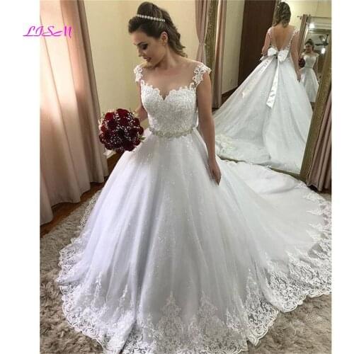 Vintage Lace Appliques Backless Wedding Dress Sheer O-Neck Beaded Tulle Bridal Gowns Long Wedding Party Dress Vestido De Noiva