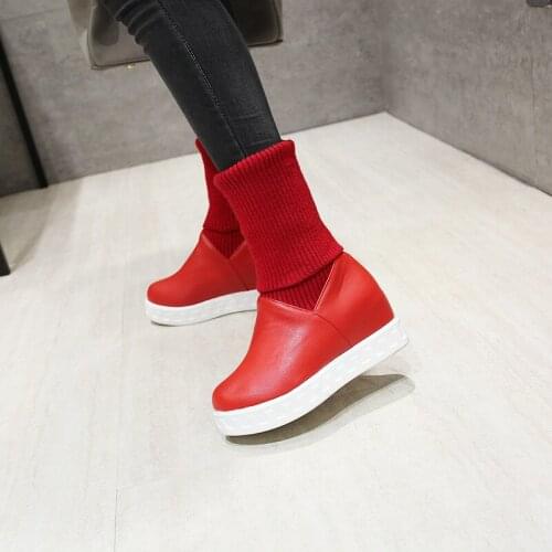 YQBTDL Winter 2019 New Design Platform Shoes Height Increasing High Heels Knitting Stretch Red Black White Boots Mid Long Botas
