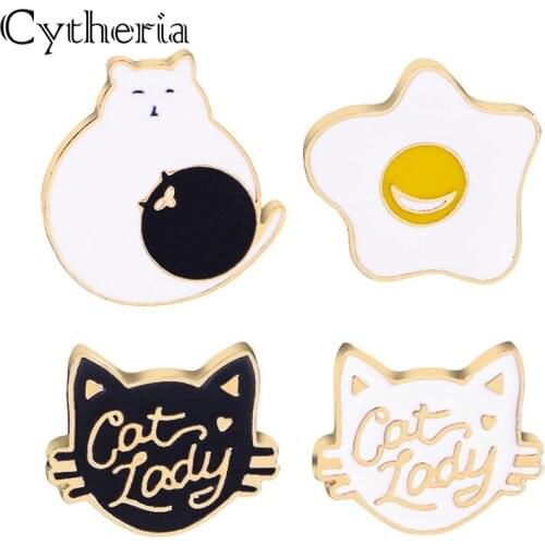 Cat with ball pins for women smile star Omelette brooches cat lady pin for girls dress cartoon cats cute lapel badge brooch hat