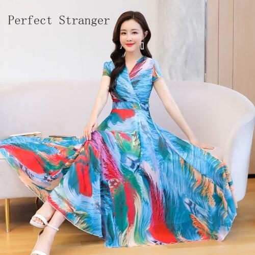 2021 Spring Summer New Arrival Elegant Hot Sale V Collar Color Block Women Long Chiffon Dress M-4XL