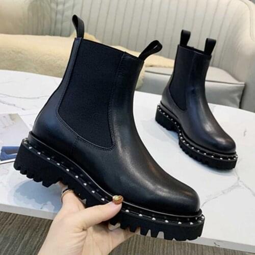 Genuine Leather Women Ankle Boots Luxury Design Slip On Women Chealsea Boots Runway Platform Wedges Women Short Maritin Boots