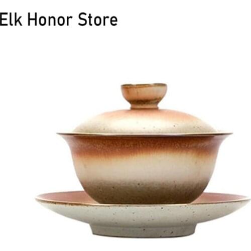 120ML Stoneware Bowl Gaiwan Tea Cup Three Pieces Tea Making Bowl Retro Domestic Kung Fu Tea Bowl Handmade Chinese Gaiwan Tea Set