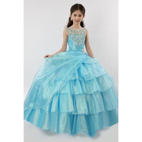 Flower Girls Birthday Banquet Dress Blue Organza Elegant Girl Evening Party Dress Princess Flower Girls Eucharist Party Dress