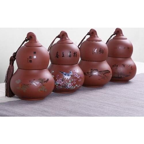 Yixing Purple Clay Tea Storage Jar Hand Painted Gourd Shape Double Layer Seal Caddy Canister Coffee Beans Caddies Art Decoration