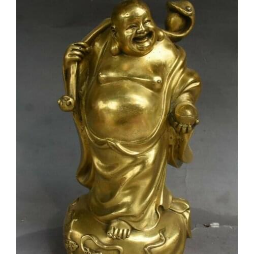 Chinese Pure Bronze Buddhism Happy Laugh Maitreya Buddha Hold Ruyi Ru Yi Statue