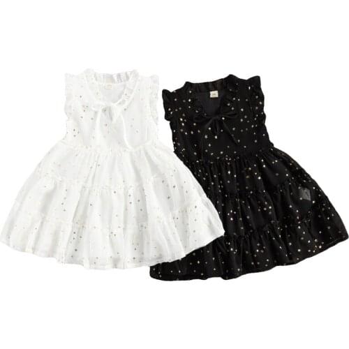 FOCUSNORM 2-7Y Summer Lovely Baby Girls Dress Lace Ruffles Sleeveless Star Print Knee Length A-Line Princess Sundress