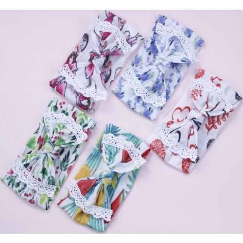 Summer Full Floral Prints Pattered Girls Bows Nylon Headbands With White Lace Trims,Super Soft Knot Bow Wide Nylon Hairbands