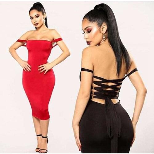Fashion Women Red Black Off The Shoulder Bnadage Dress Backless Lace Up Solid Vestidos Bodyxon Summer Chic Celebrity Party Dress