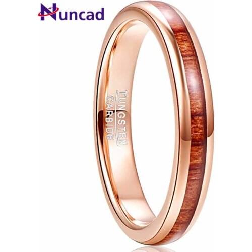 NUNCAD 4mm Mens Tungsten Carbide Ring Hawaiian Koa Wood Inlay Polished Finish Comfort Fit Rose Gold Ring