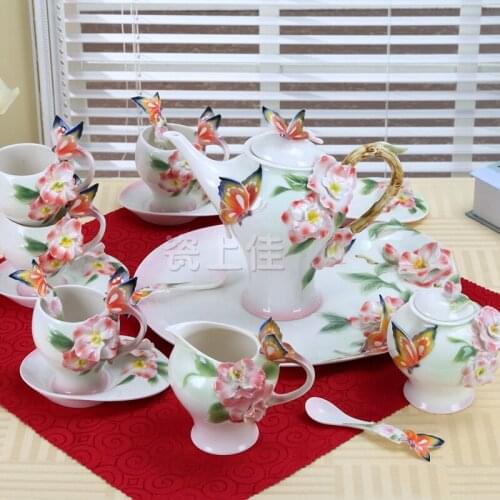Ceramic coffee cup set coffee set enamel porcelain craft high-grade gift relief painted butterfly love flower