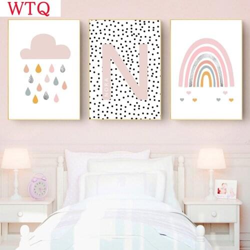 Girls Custom Name Wall Art Canvas Poster Pink Cloud Rainbow Print Nursery Painting Nordic Poster Wall Pictures Baby Room Decor