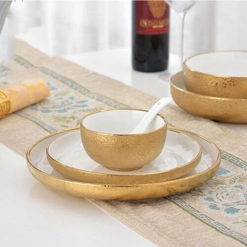 Nordic Style Ceramic Gold Plate Porcelain Dish Soup Rice Bowl Set Snack Dessert Dinner Plate Cake Tray Tableware 1pc