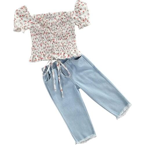 Toddler newborn 1-6Y Girls Summer Baby Clothes Floral Puff Sleeve Square Collar Shirts Long Pants Jeans Childrens Clothing Sets