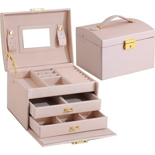 New Storage Box Large Capacity Portable Lock Mirror Jewelry Storage Boxes Earrings Necklace Ring Jewelry Display necklace box