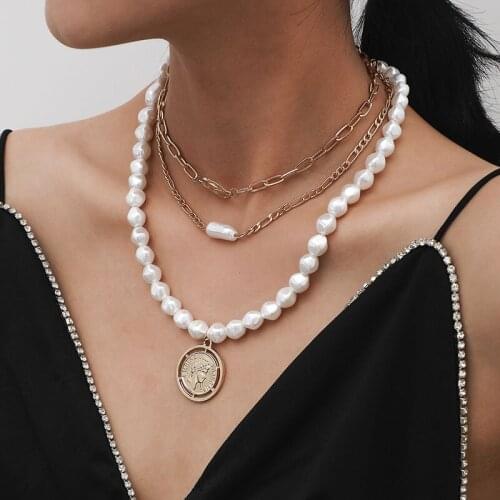 Vintage Temperament Baroque Pearl Round Figure Pendant Necklaces Women Fashion Multilayer Geometric Statement Necklace Jewelry