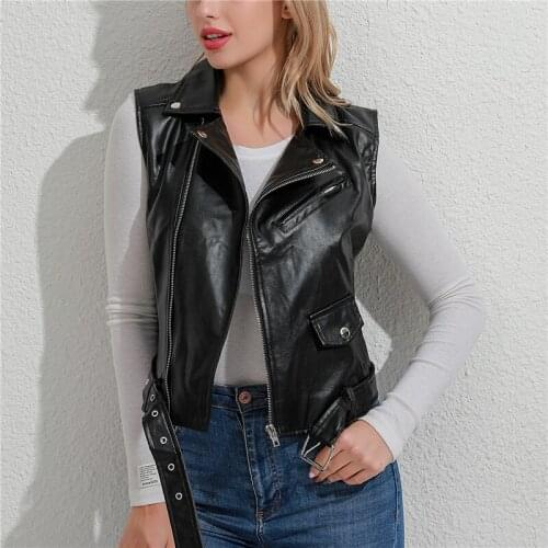 Punk Style Women Waistcoat Spring New Black PU Leather Motorcycle Vest Coat Sleeveless Zipper Autumn Turn Down Collar Vests