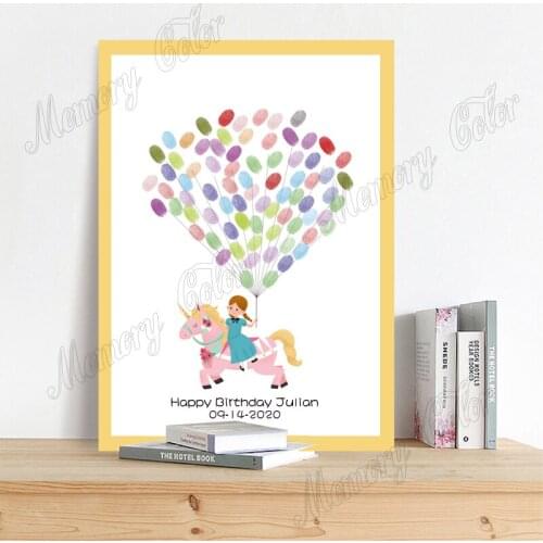 Personalized Theme Name Date Kids and Unicorn Fingerprint DIY Guestbook For Baby Shower Kids Birthday Party Souvenir Gift