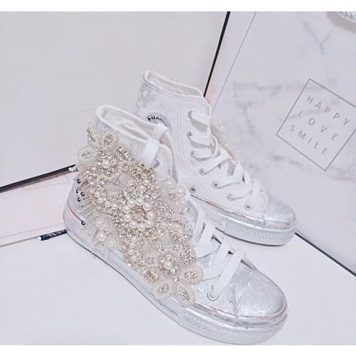 Early spring new fashion brand exclusive custom rhinestone fringed flat high-top canvas shoes sneakers