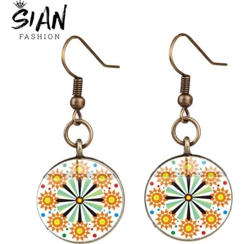 SIAN Orange Fresh Mandala Chakra Earrings Novelty Patterns Buddhism Meditation Glass Cabohcon Dangle Earring India Boho Jewelry