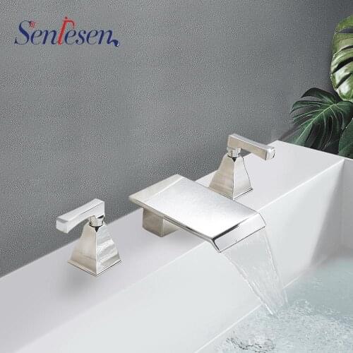 Senlesen Bathroom Basin Faucet Waterfall Spout Gold/ORB Two Handles Vanity Sink Mixer Tap Washing Faucet Cold Hot Water