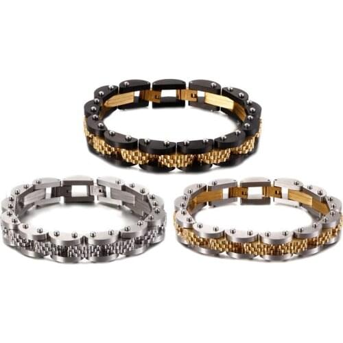 HipHop Gold/Black Stainless Steel Bike Biker Chain Bracelet Man Women Punk Heavy Watchband Bicycle Chain Wristband Biker Jewelry