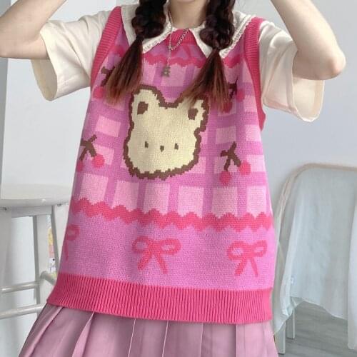 Japanese Kawaii Lolita Knitting Sweater Women Autumn Winter Sleeveless Pink Knitted Vest Cute Animal Printed StudentS Sweaters