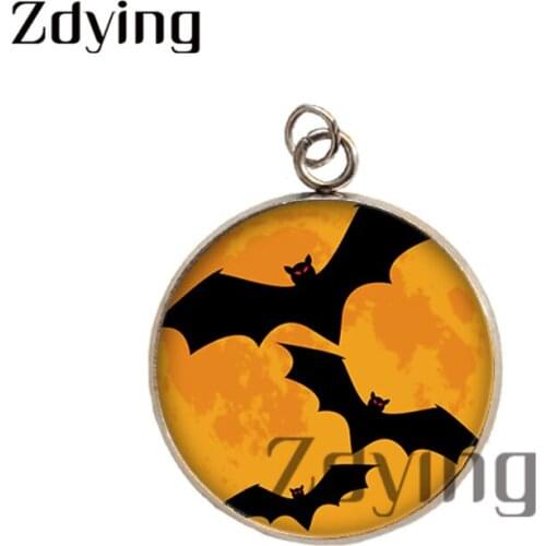 Zdying 2pcs Animal Bat Cat Image Print Round Glass Cabochon Charms Stainless Steel Necklace Pendants Halloween Jewelry HN004