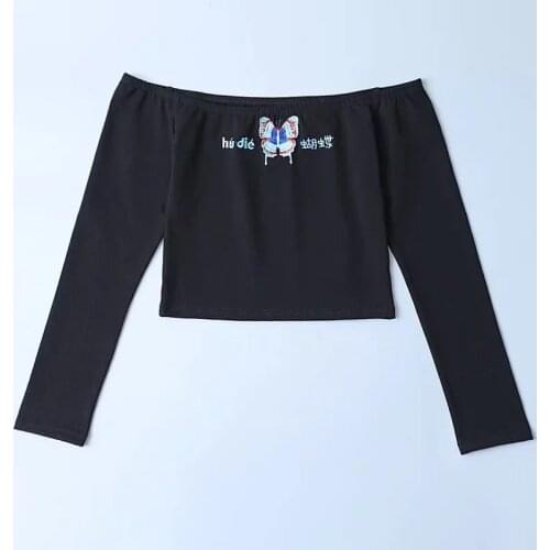 American Ins Autumn Sexy One Neck Off Shoulder Slim Long Sleeve T-shirt Female Butterfly Embroidery Corset Wholesale Dlsy1993