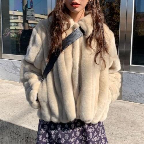 2020 Winter Women Rabbit Fur Coat White Casual Warm Fluffy Faux Fur Jacket Long Sleeve Large Size Artificial Fur Overcoat Female