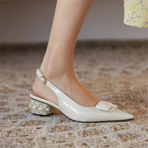Pearl Heel Pointed Toe Women Sandals Low Heel Summer Shoes For Ladies Genuine Leather Shoes High Quality