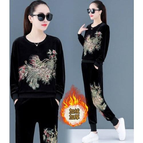 2020 new fashion heavy industry printed stitching womens autumn velvet casual sports suit pants