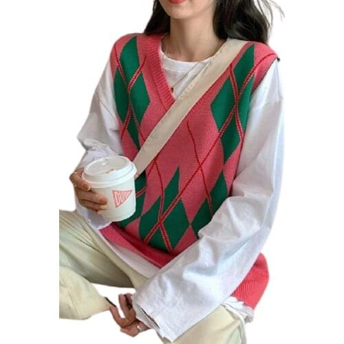 Korean Style Sleeveless Argyle Knit Womens Sweater Casual Loose V Neck Ladies Sweaters Vest 2021 Autumn Winter Female Clothing